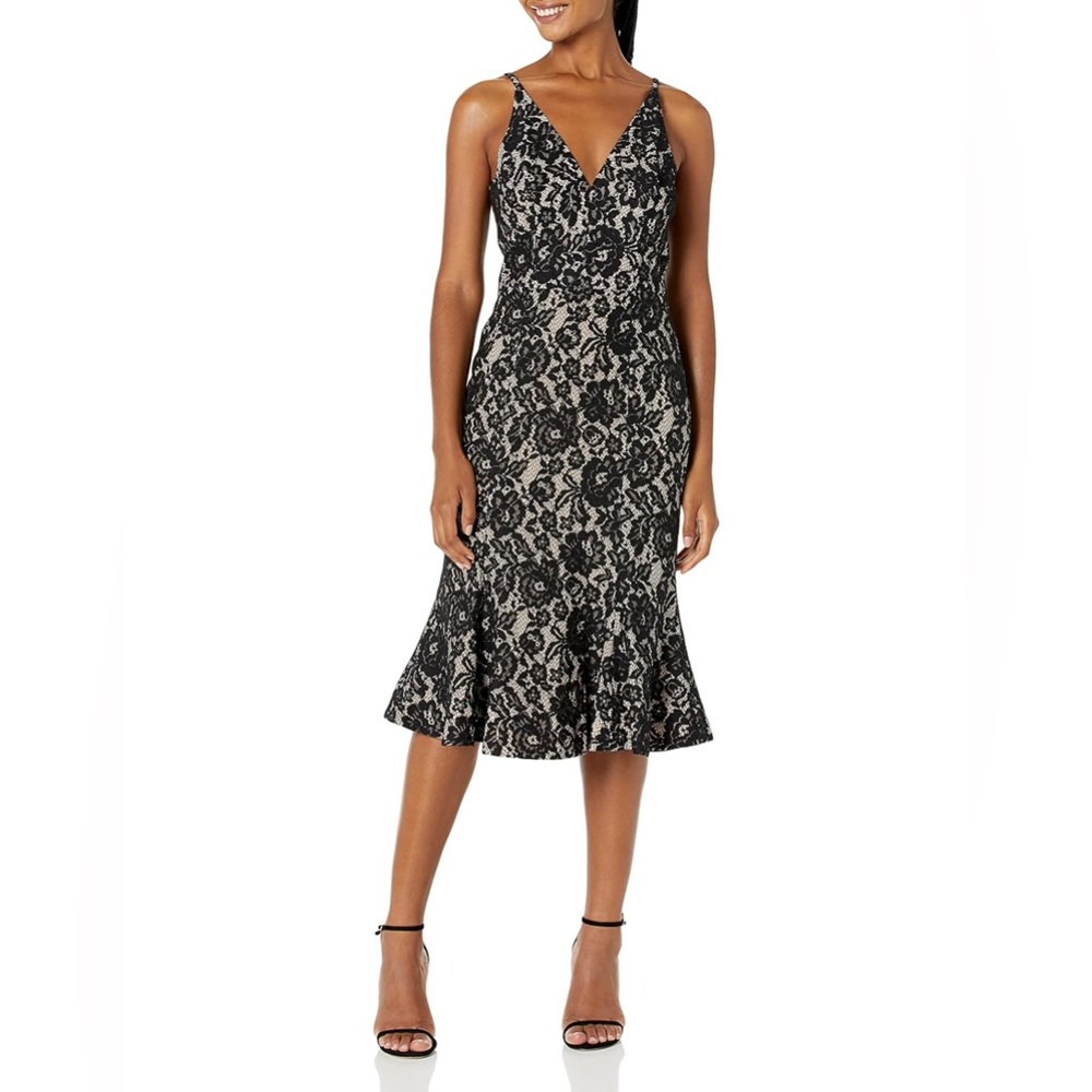 Dress the Population Women's Isabelle Nude and Black Lace Fitted Midi Dress XS